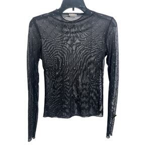 Free People Intimately Black Mesh Sheer Sparkle Long Sleeve XS Mock Neck